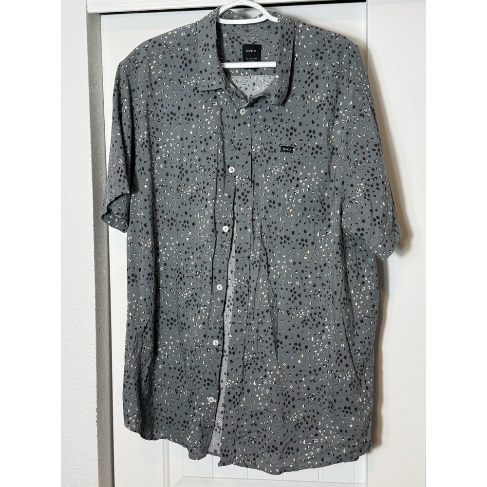 RVCA Slim Fit Button Down Shirt 2XL Gray Print Stretch Cotton Short Sleeve